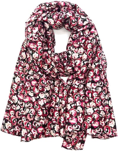 Lange warme dames sjaal Britt gebloemd motief fuchsia roze wit zwart grijs rood paars goud