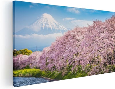 Artaza Canvas Schilderij Kersenbloesem - 40x20 cm - Klein - Wanddecoratie Japandi - Muurdecoratie Fuji Japan - Schilderijen Op Canvas