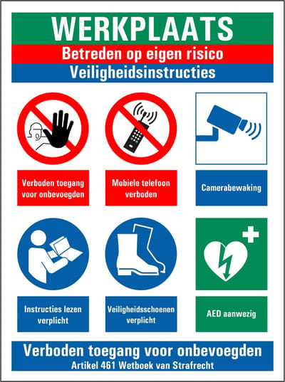 Werkplaats betreden op eigen risico sticker 200 x 150 mm