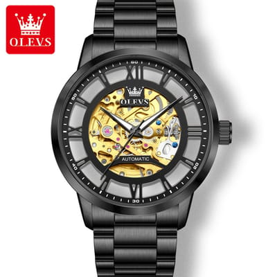 HO-6728.zw : Olevs automatisch & mechanisch edelstalen zwart metallic Tourbillon horloge, skeleton kast met goudkleurig binnenwerk
