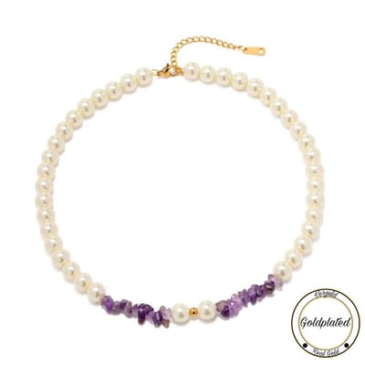 Soraro Pearl Amethist Ketting | Goldplated | Parel | Amethist Steen | Soraro Dames Ketting | Elegante Ketting | Vrouwen Sieraden