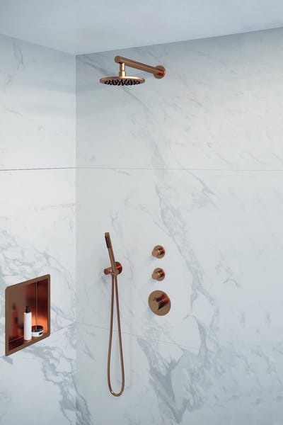 Brauer Copper Edition thermostatische inbouw regendouche SET 01 met 20 cm douchekop en rechte muurarm en staaf handdouche en doucheslang en wandaansluitbocht koper geborsteld PVD