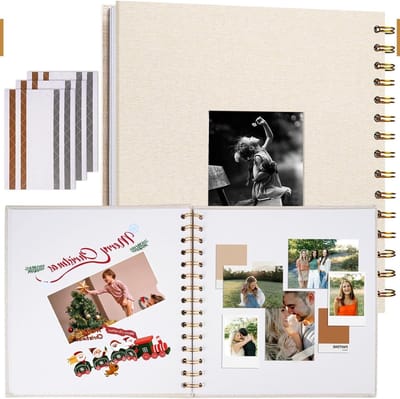 Linnen Fotoalbum met DIY Venster, 20,5 × 20,5 cm Beige Scrapbook voor Herinneringen, Reizen, Bruiloften en Verjaardagen met Wit Binnenpapier