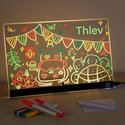 GELLDG Kleurrijk LED-tekenbord - LED-tekenbord - LED-tekenbord voor kinderen - Transparant acrylmateriaal - Zevenkleurige verlichting - Met schakelaar - Uitwisbaar en beschrijfbaar - Geschikt als schrijfbord en notitieblok - 30x20 cm