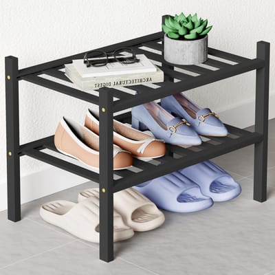 Homaxy - Schoenenrek (2 niveaus) - Bamboe Schoenenrek - Voor 9 paar schoenen - 68x28x33cm - Zwart