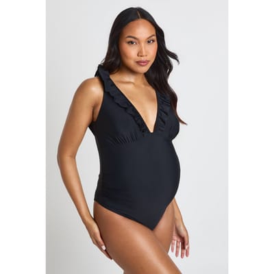 boohoo Dames Zwangerschaps Badpak Met Diepe Halslijn En Ruches | Zwart | Maat: 46