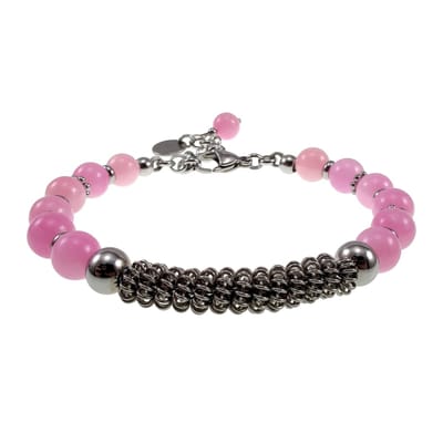 17 tot 20cm Armband Dames - RVS Zilverkleur - Roze Jadesteen Armband met RVS Coiling Design - Roze Armband - Verstelbaar