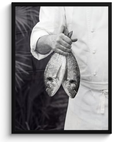 Poster in lijst - Fotolijst 60x80 cm - Posters - Vissen - Chef - Zwart - Wit - Posterlijst zwart - Decoratie - Wanddecoratie woonkamer - Muurdecoratie slaapkamer
