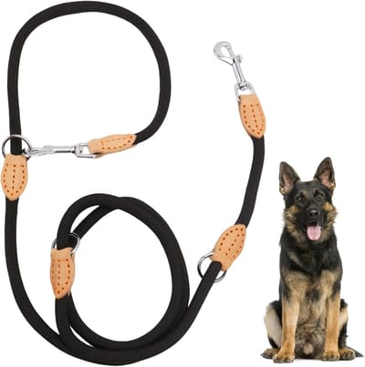 2,1 m hondenriem, verstelbaar, nylon hondenriem met 2 karabijnhaken, multifunctionele lijn, dubbele lijn voor middelgrote en grote honden