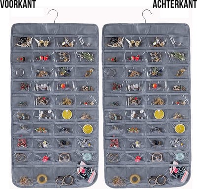 Allernieuwste.nl® Sieraden Organizer Dubbelzijdig Opbergsysteem Hanger - 2x 40 vakjes Oorbellen Kettingen Juwelen - 80 vaks Kleur Grijs