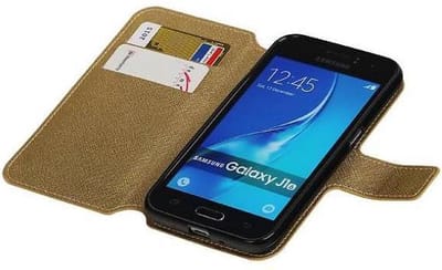 Cross Pattern TPU Bookstyle Hoesje - Wallet Case Telefoonhoesje - Geschikt voor Samsung Galaxy J1 (2016) Goud