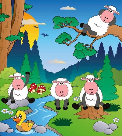 Fotobehang - Sheep in Forest 225x250cm - Vliesbehang