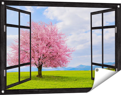 Gards Tuinposter Doorkijk Roze Sakura Bloesem Boom in het Groene Veld - 90x60 cm - Tuindoek - Tuindecoratie - Wanddecoratie buiten - Tuinschilderij