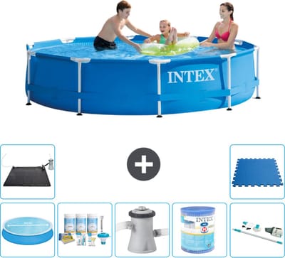 Intex Rond Frame Zwembad - 305 x 76 cm - Blauw - Inclusief Solarzeil - Onderhoudspakket - Zwembadfilterpomp - Filter - Stofzuiger - Solar Mat - Vloertegels - 8-delig