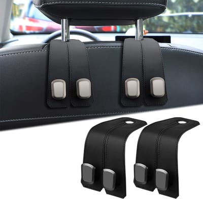 Dailygoods - Generisch Autostoelhaken, dubbele haak van leer, tassenhouder voor hoofdsteun, handtassen, opbergen en organiseren, auto-accessoires, interieur, voor vrouwen en mannen (zwart, 2 stuks)