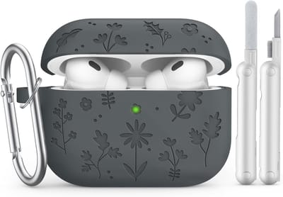 Schattige bloemen gegraveerde hoes voor AirPods Pro 3 met reinigingskit, silicone beschermende schokbestendige cover met sleutelhanger, donkergrijs, perfect voor dagelijks gebruik en bescherming