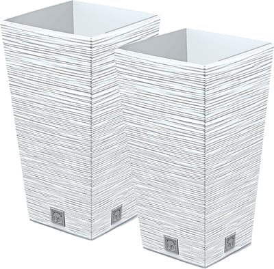 Prosperplast Plantenpot/bloempot Furu Stripes - 2x - voor buiten - kunststof - wit - vierkant - D20 x H38 cm