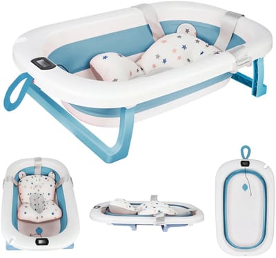 Dailygoods Opvouwbaar babybadje, badje voor pasgeborenen, babybadje, 3-in-1, met thermometer, opvouwbaar, antislip, 6 ma