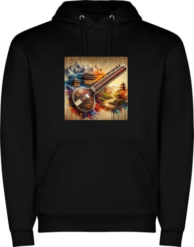 Zwarte unisex hoodie met “ Kleurrijke Muziekinstrument – Japans – Tempels – Rust – SanXian “ Print Full Color Color merk Roly maat S