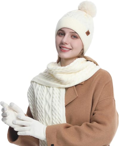 Set van 3 gebreide mutsen, sjaals en handschoenen - Muts geschikt voor hoofdomtrek 54-60 cm - Muts 22 x 27 cm - Sjaal 26 x 180 cm - Handschoenen 23 x 9 cm - Winterse pluche fluwelen voor warmte - Benodigdheden voor herfst en winter