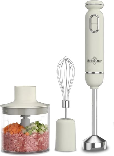 Swiss Haus® HBS20 Staafmixer Set 600W – Met Hakmolen 500ml & RVS Garde – Handblender met 20 Snelheden + Turbo Functie – Afneembare RVS Staaf – Creme