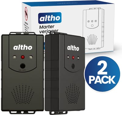 Altho Ultrasone Marterverjager 3-in-1 – 2-Pack – Voor Auto, Woning en Camper – Werkt op USB/Batterijen/12V – LED + Ultrasoon – Tegen Steenmarters