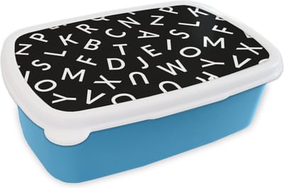Broodtrommel Blauw - Lunchbox - Brooddoos - Letters - Patronen - Zwart - Wit - 18x12x6 cm - Kinderen - Jongen