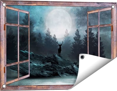 Gards Tuinposter Doorkijk Hert op een Rots tijdens Volle Maan - 60x40 cm - Tuindoek - Tuindecoratie - Wanddecoratie buiten - Tuinschilderij