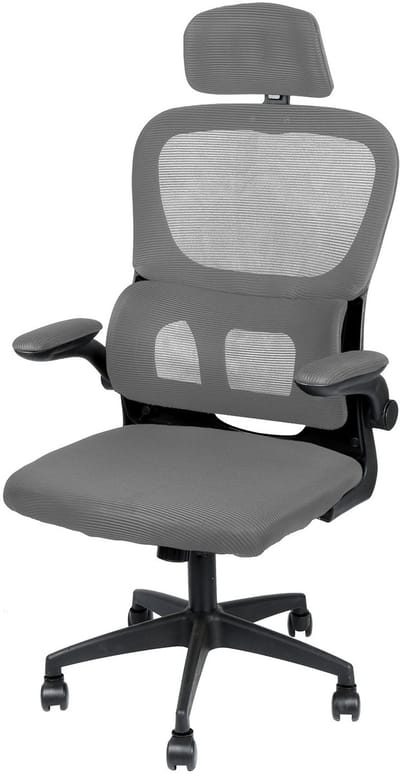 PIPIPOXER-Bureaustoel ergonomische draaistoel met mesh design zitkussen, verstelbare hoofdsteun en armleuningen, maximaal draagvermogen 150 kg, Grijs