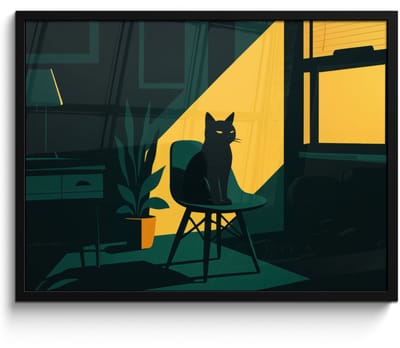 Poster in lijst - Fotolijst 80x60 cm - Posters - Zwarte kat - Mysterieus - Gele instraal - Posterlijst zwart - Decoratie - Wanddecoratie woonkamer - Muurdecoratie slaapkamer