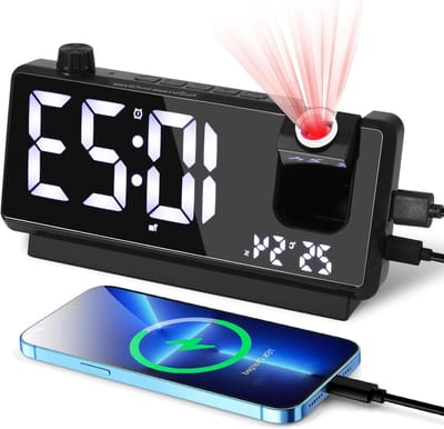 Digitale Projectiewekker - Spiegelwekker Temperatuur - Nachtkastje Gebruik - 180 Graden Projectie - 18.5 cm Lengte - Zwart