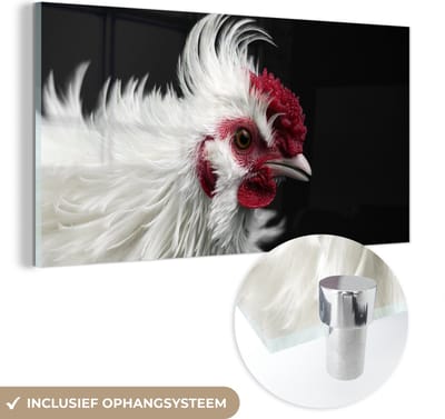 MuchoWow® Glasschilderij 40x20 cm - Schilderij acrylglas - Kip - Vogel - Zwart - Foto op glas - Schilderijen