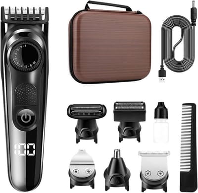 5-in-1 Haartrimmer Set - Baardtrimmer, Neus & Oortrimmer, Borsthaar Trimmer - Wielinstelling voor Precisie, Krachtige Motor, Digitale Batterijindicatie, 90 min. Draadloos - Kunststof & Roestvrij Staal - Zwart