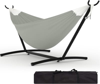 Dubbele Hangmat met Standaard - 2-Persoons Hangmat - Verstelbaar & Draagbaar - Max. 160 kg - Inclusief Draagtas - Voor Binnen en Buiten - Lichtgrijs