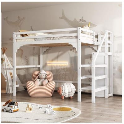 Lit superposé - MUVOE - 140x200cm - Bois massif - Escalier de rangement - Armoire intégrée blanc