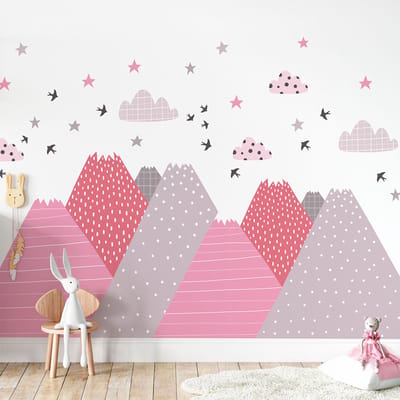 Muurstickers voor kinderkamers - Decoratie voor babykamers - Gigantische muursticker voor kinderen, Scandinavische bergen, PINKA - 70x105cm