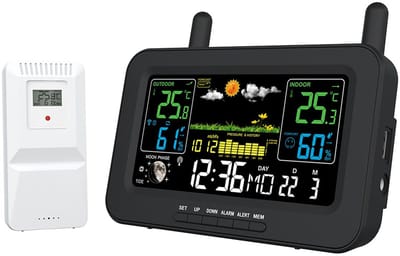 Weerstation - Draadloos met buitensensor, thermometer binnen/buiten, hygrometer DCF77, radio klok, maanfase, luchtdruk meter