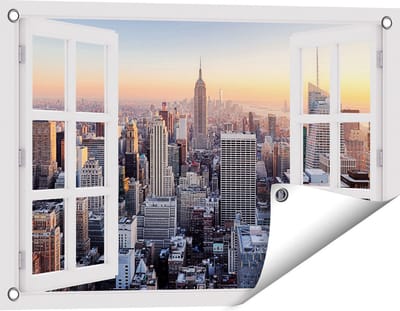 Gards Tuinposter Doorkijk New York Skyline met Wolkenkrabbers - 60x40 cm - Tuindoek - Tuindecoratie - Wanddecoratie buiten - Tuinschilderij