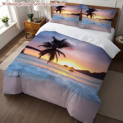 Roze Blauwe Lucht Strand Zonsondergang Scène 3D Geprinte Beddengoedset Zomerse Hawaïaanse Stijl Dekbedovertrekset Zachte Comfortabele Dekbedovertrekset 140x200cm 3pcs