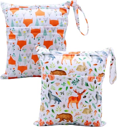 2 Stuks Stoffen Luiertas Nat/Droog Tas Waterdicht Herbruikbaar met Twee Vakken voor Luiers en Natte Items