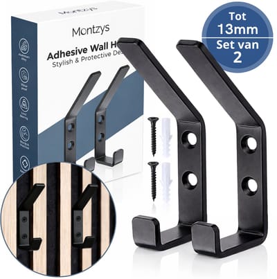 Montzys® Wandpaneelhaken 2 Stuks - Tot 13mm - Kapstokhaak voor Akoestisch Wandpaneel - Akoestische Panelen - Kapstok Haak met Schroefmontage