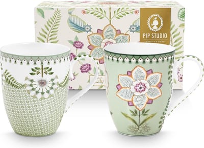 Pip Studio Lily & Lotus Light Green Set van Twee Mokken 350ml - Porselein - Vaatwasserbestendig