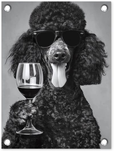 Tuinposter 30x40 cm - Tuindecoratie Hond - Krullen - Zonnebril - Wijn - Poster voor in de tuin - Buiten decoratie - Schutting tuinschilderij - Tuindoek muurdecoratie - Wanddecoratie balkondoek