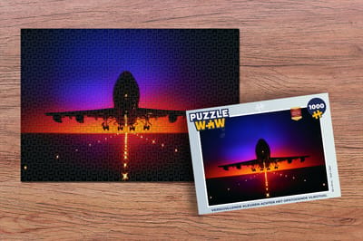 Puzzel Verschillende kleuren achter het opstijgende vliegtuig - Legpuzzel - Puzzel 1000 stukjes volwassenen
