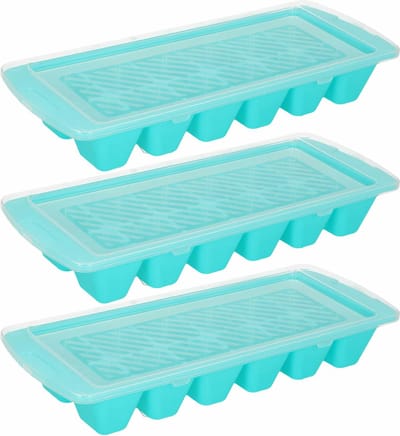 Plasticforte IJsblokjesvormen - blauw - 3x stuks - met afsluitdeksel - 28 x 11 cm - ijsklontjes bakje - kunststof