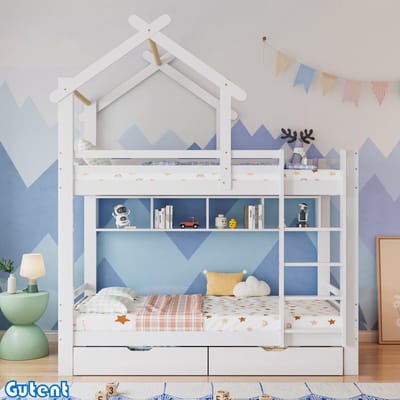 Gutent Kinderstapelbed - met laden en legplanken - met driestaps haakse ladder - met relingen - grenen frame - Wit - 90x200 cm - Geen matras
