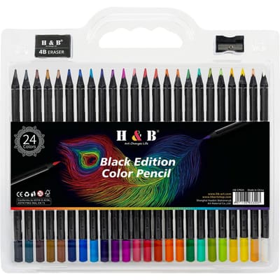 Crayons de couleur H&B 24 couleurs à base d'huile pré-taillés 3,3 mm à large spectre Couleurs vives Esquisse 24