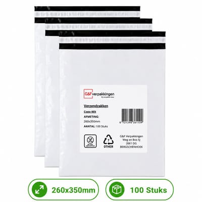 Verzendzakken 260x350 mm - 100 Stuks - Witte Verzendzakken met Plakstrip - CoEx LDPE - Scheurvast & Waterafstotend | G&F Verpakkingen