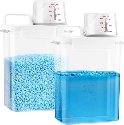 Allecto Plus - Wasmiddelopslag 2x 1800 ml opbergdoos met maatbeker | Waspoedercontainer voor wasparfum | Handige opslag voor poeder wasmiddel