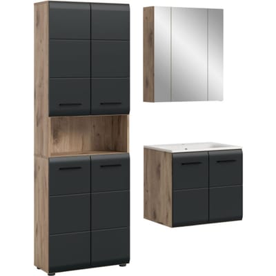 Badcombinatie met hoge kast en spiegelkast - Zwart en Eiken - 4-delige set - 135x185x46cm
